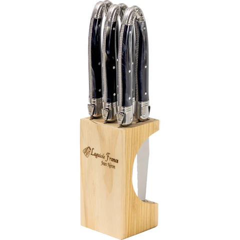 Laguiole Jean Neron Set of 6 Slim Wooden Block Steak Knife - Black Horn