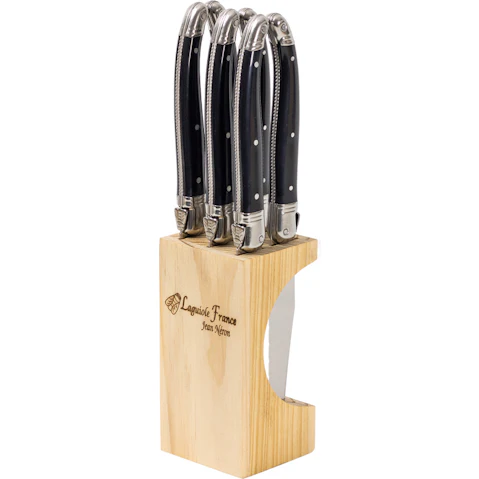 Laguiole Jean Neron Set of 6 Slim Wooden Block Steak Knife - Black