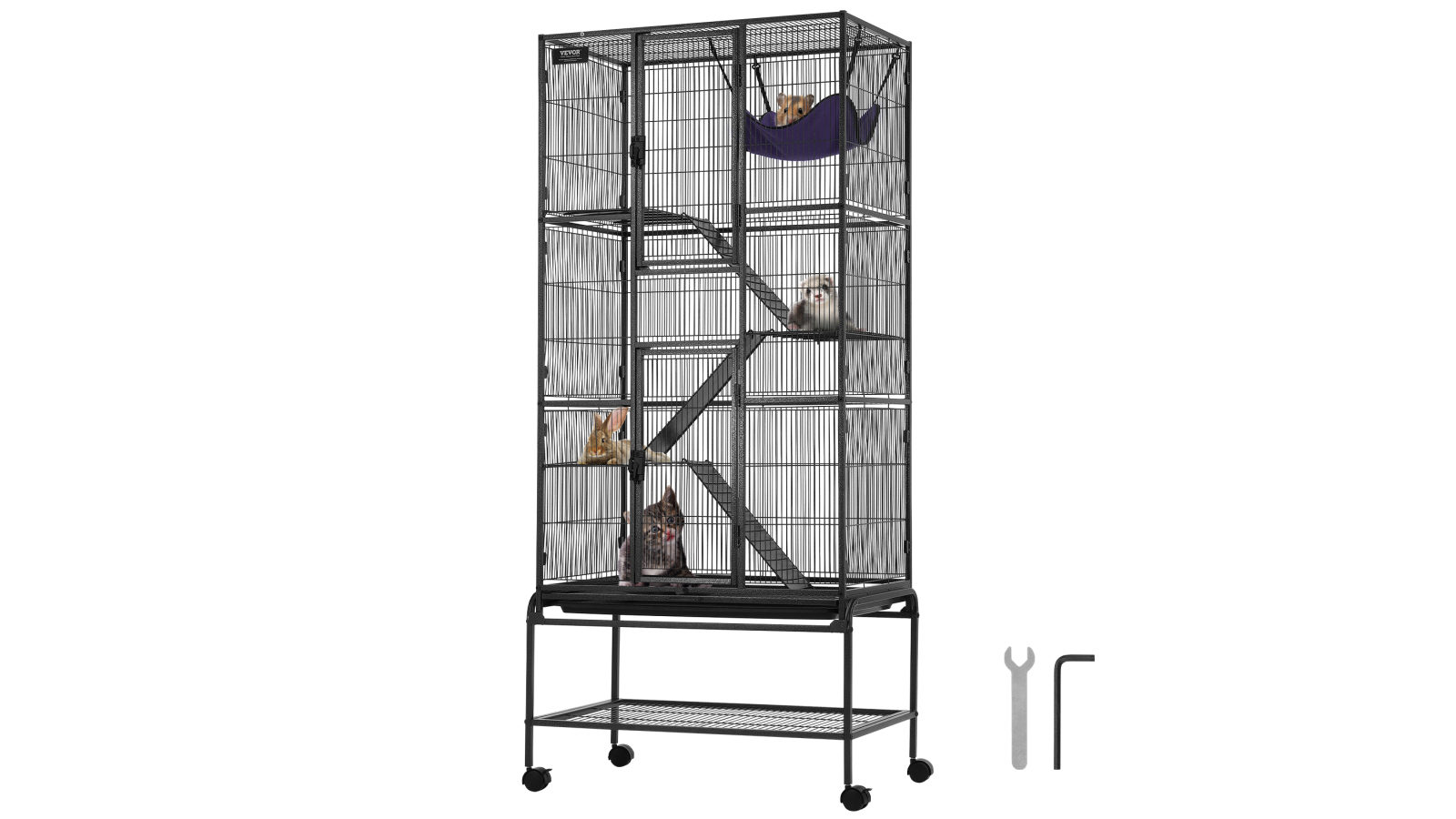 VEVOR 69-inch Metal Small Animal Cage 4-Tier Rolling Ferret Cage with Tray 3 Ramps