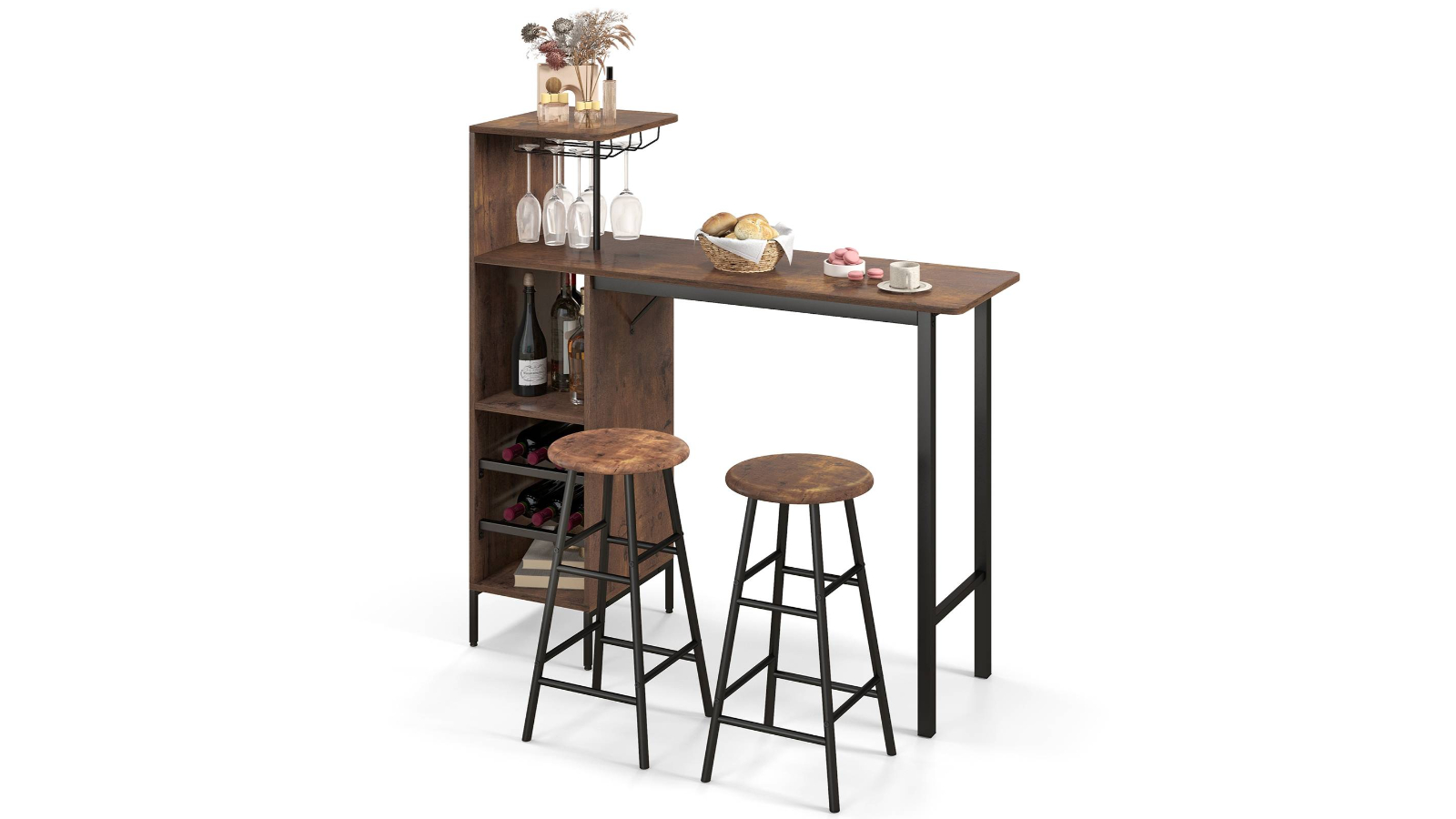 Costway 3 Piece Industrial Pub Table and Barstools Set with Wine Glass Storage