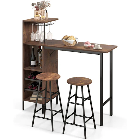 Costway 3 Piece Industrial Pub Table and Barstools Set with Wine Glass Storage