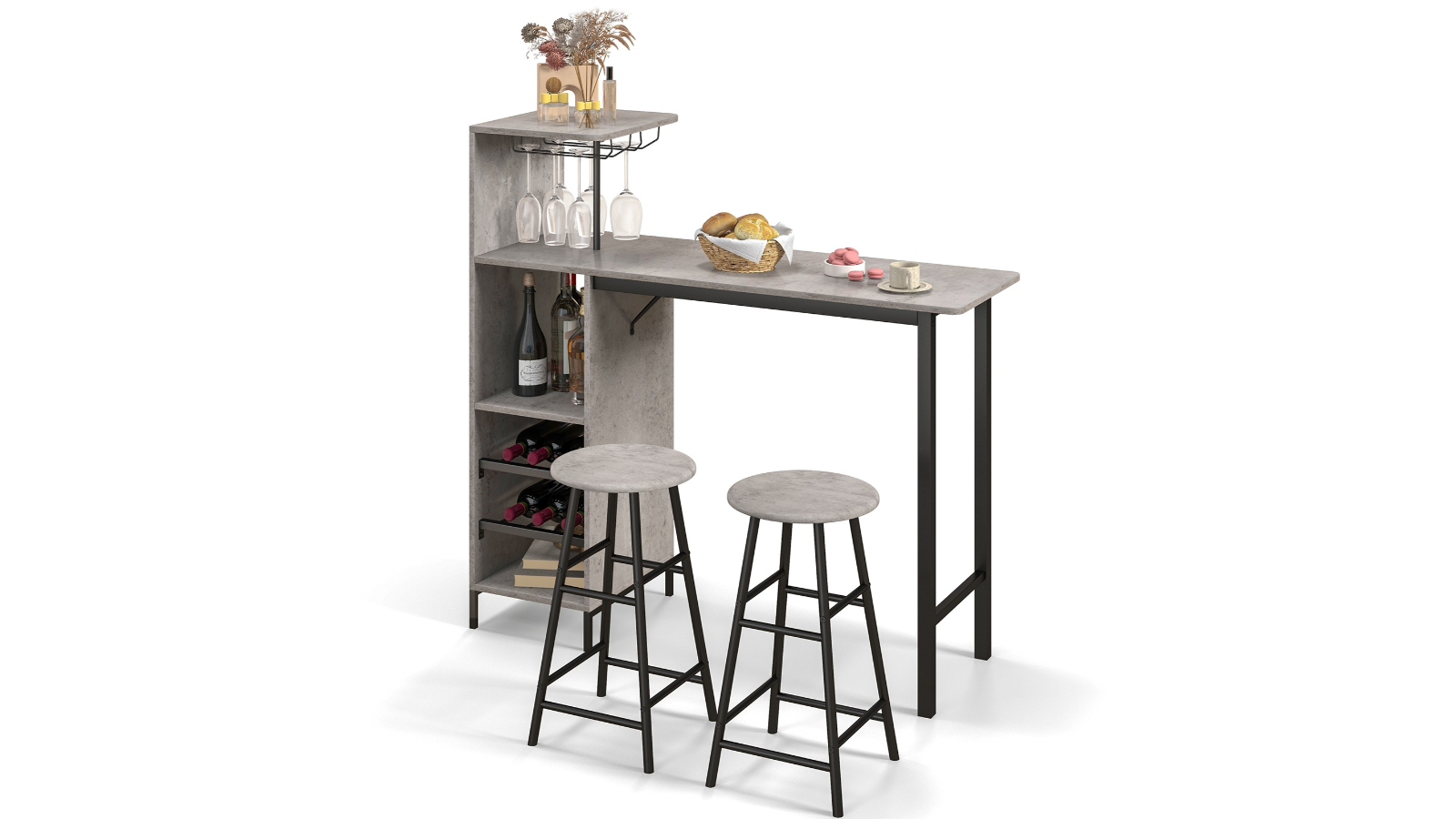 Costway 120cm 3 Piece Bar Table and Stools Set with Glass Holders and Rack - Grey