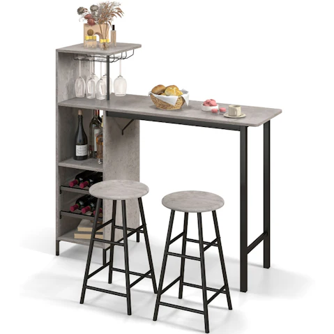 Costway 120cm 3 Piece Bar Table and Stools Set with Glass Holders and Rack - Grey