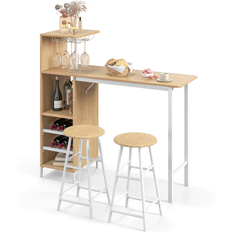 Costway 120cm 3 Piece Bar Table and Stools Set with Glass Holders and Rack - Natural