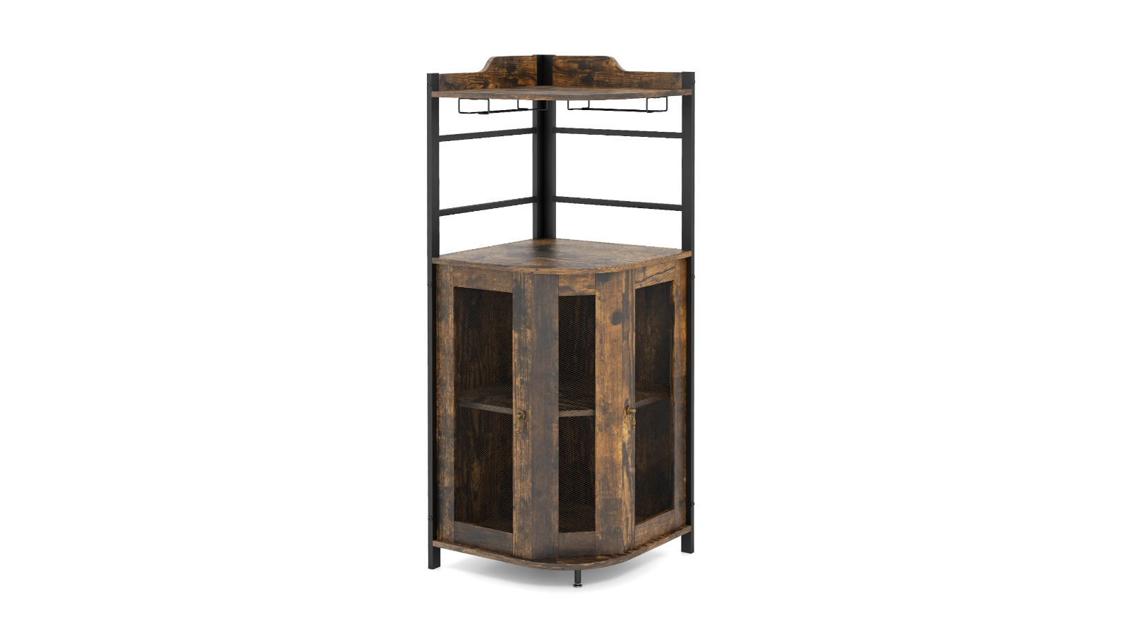 Costway Space-Saving Corner Liquor and Wine Cabinet with Glass Holder - Brown