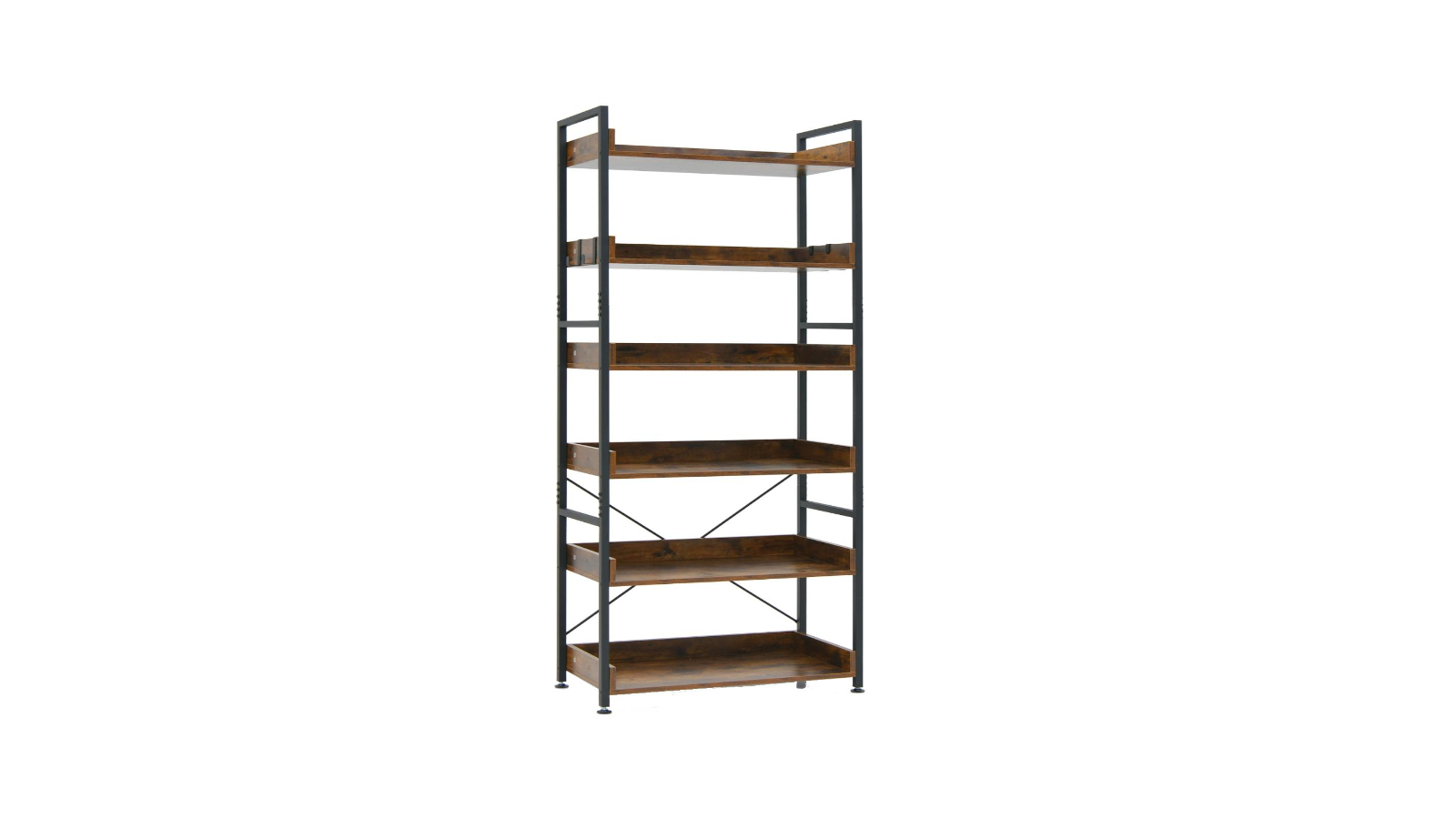 Costway 6-Tier Industrial Bookshelf w/Open Shelves and Hooks - Brown