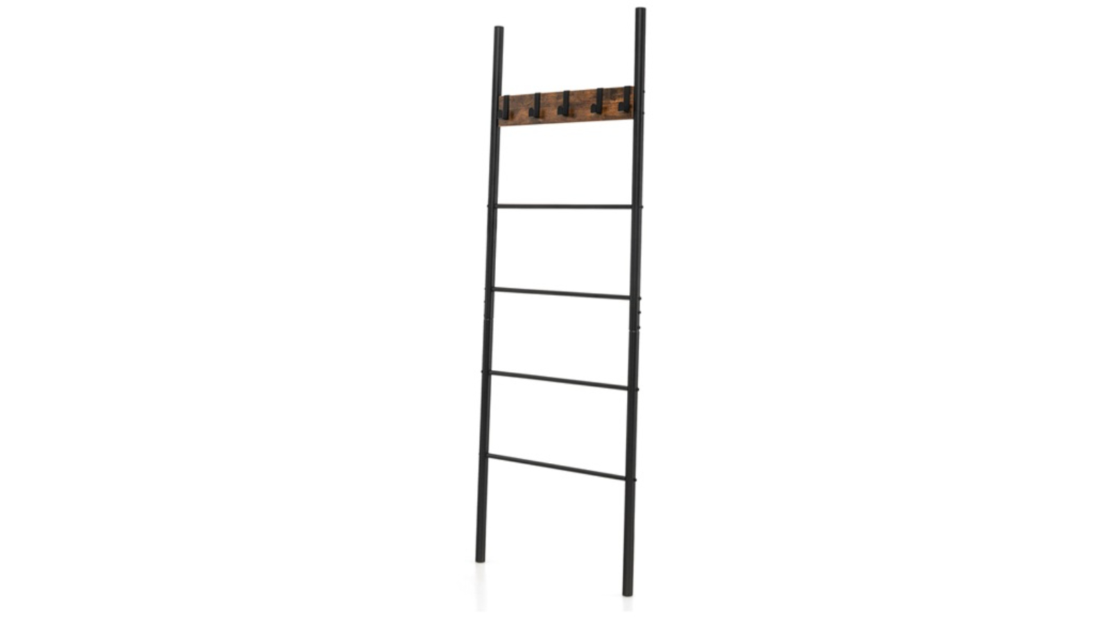 Costway 5-Tier Wall Leaning Blanket Ladder Rack with 5 Removable Hook - Brown