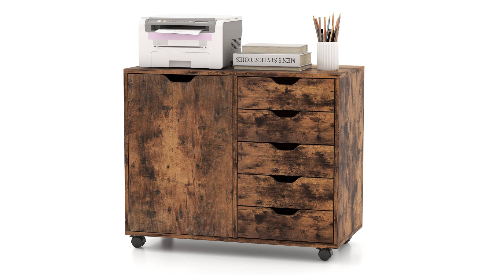 Costway 5-Drawer Mobile Filing Cabinet with Door and Shelf - Rustic Brown