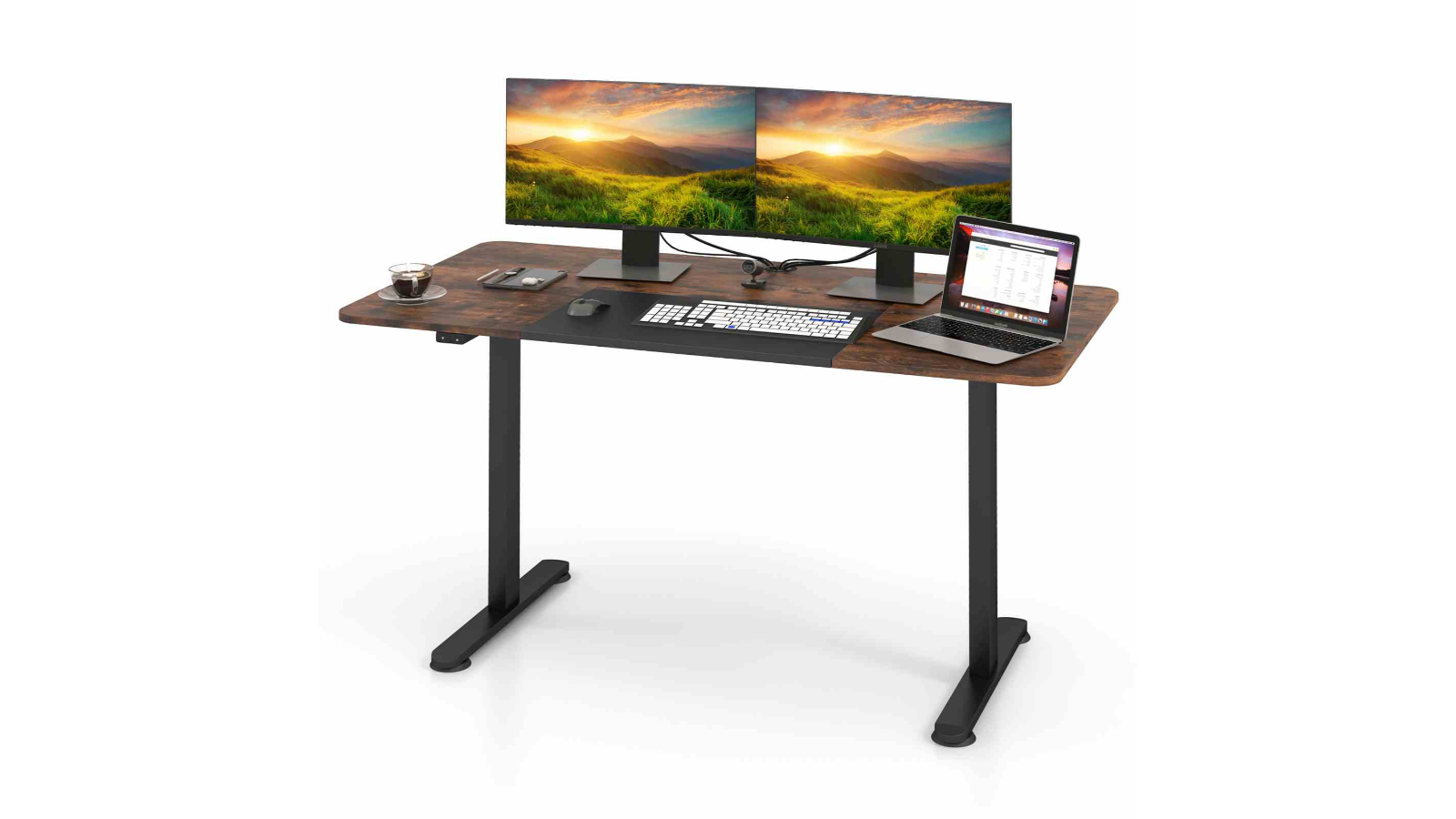 Costway 140 x 70cm Electric Standing Desk with Hook - Rustic Brown/Black