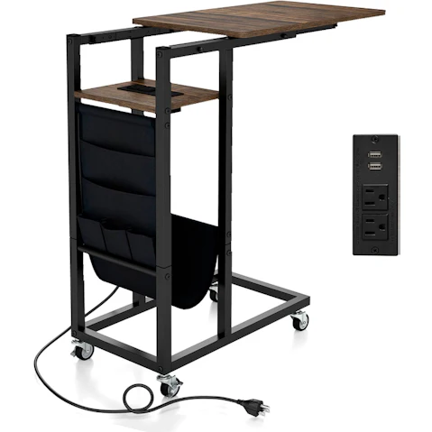 Costway C-Shaped Rolling End Table with Charging Station and Storage Pocket