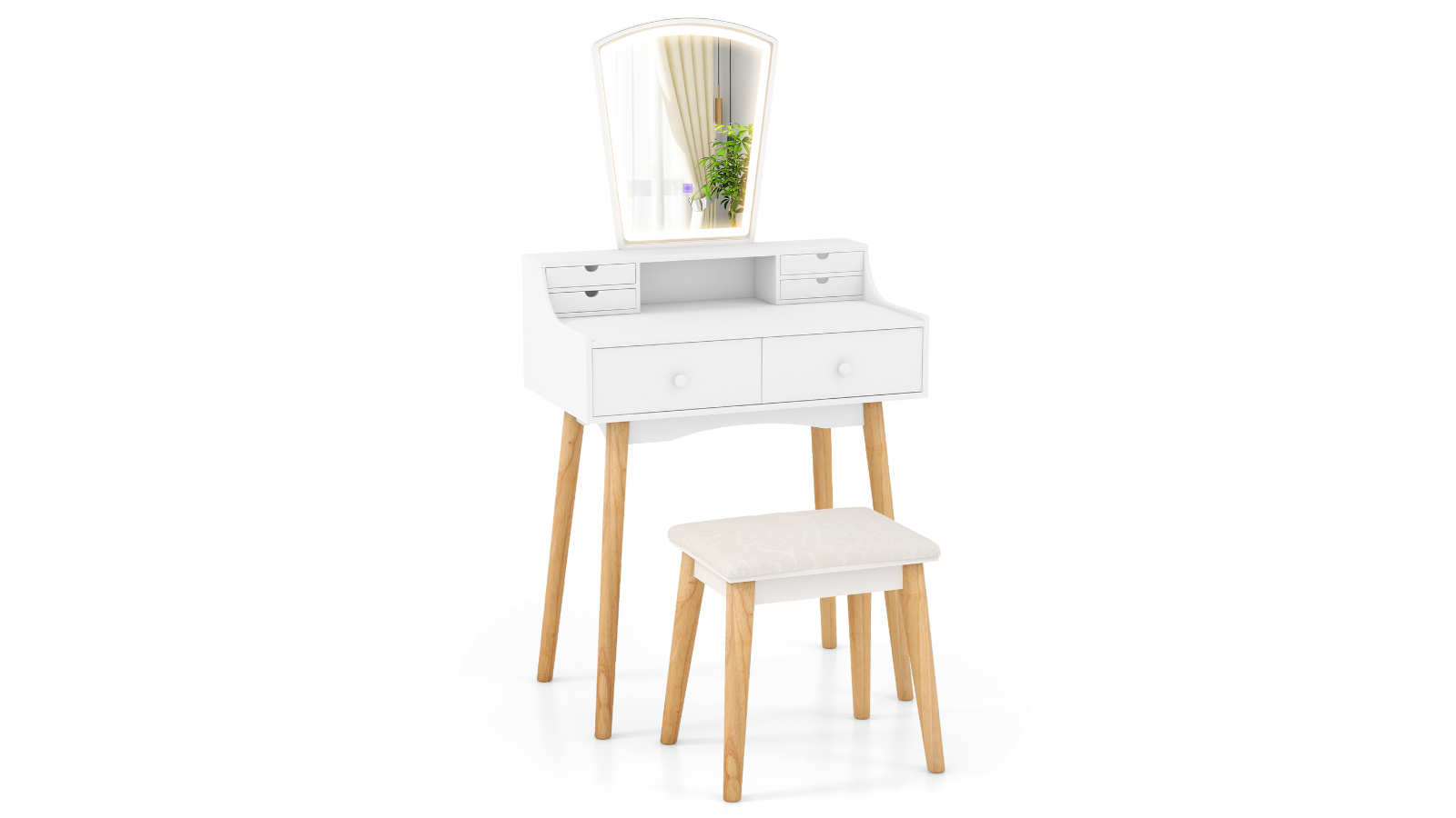 Costway Wooden Vanity Table Set with Cushioned Stool - White