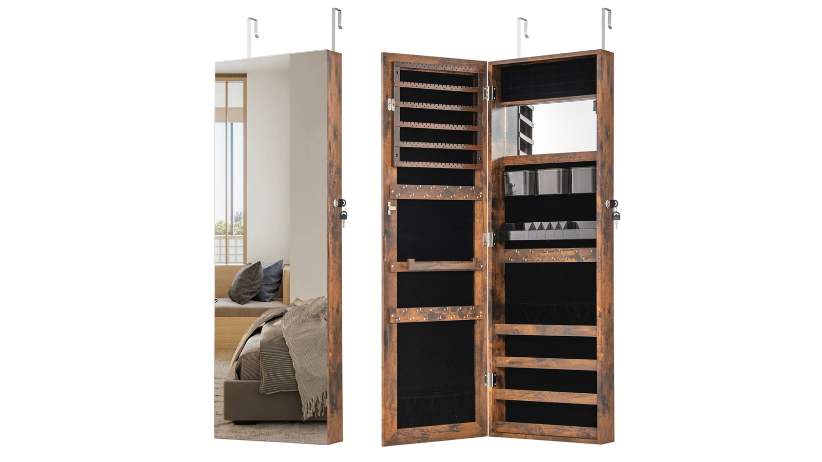 Costway 110cm Mirror Jewelry Cabinet Armoire Wall/Door Organizer - Brown