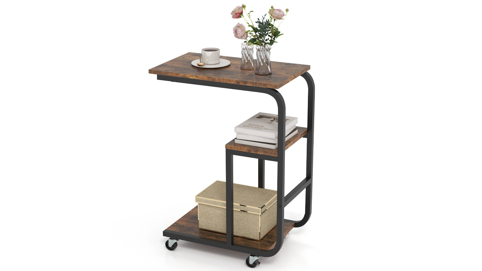 Costway C-Shaped End Metal Sofa Side Table with Shelves 