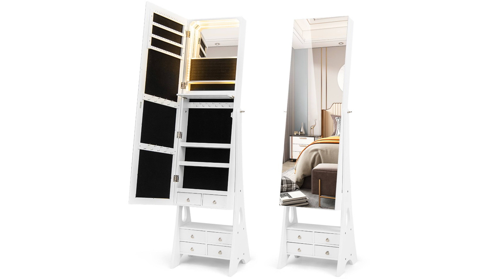 Costway Freestanding LED Jewelry Cabinet Armoire with Full-Length Mirror - White