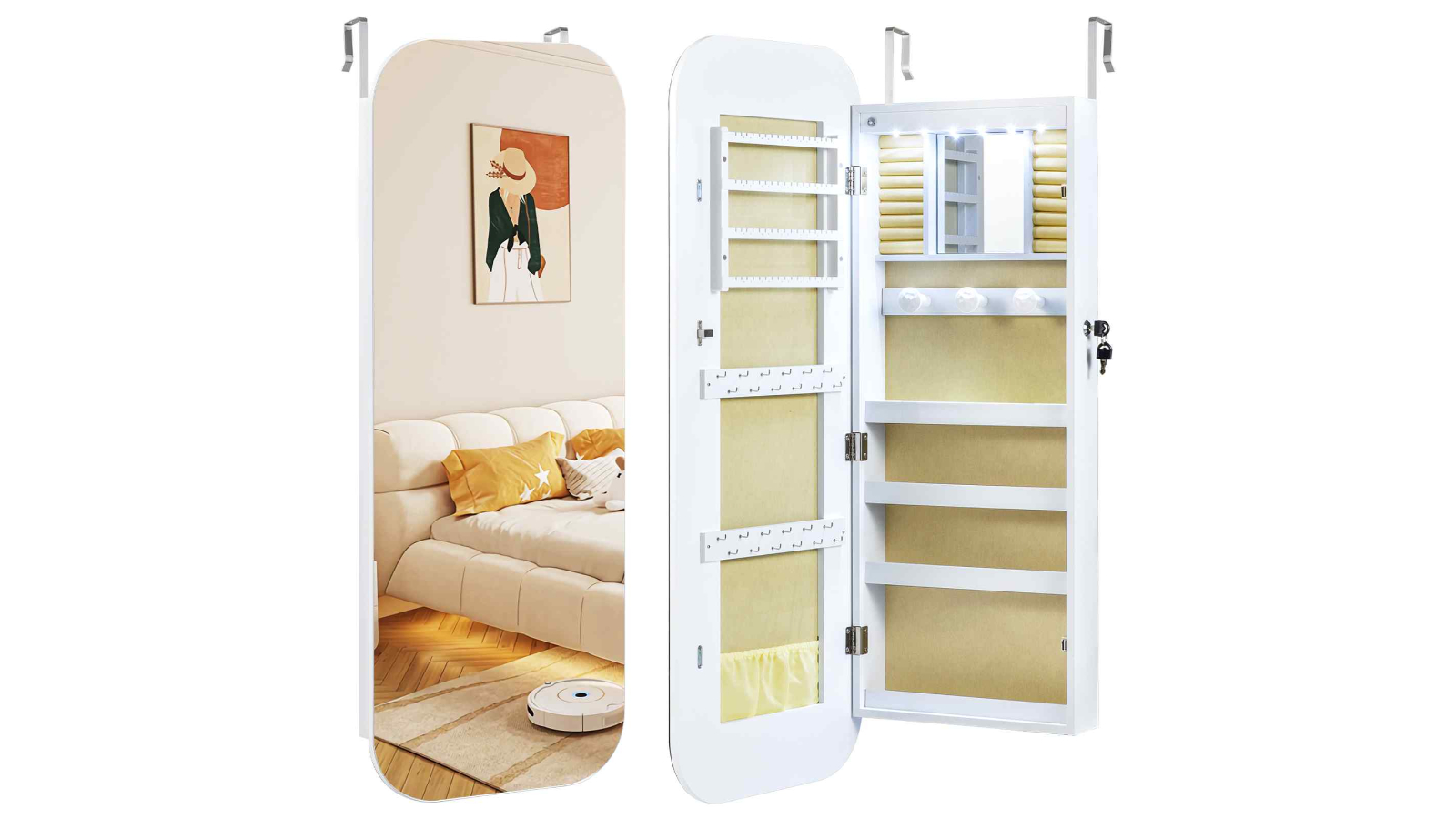 Costway 2-in-1 Jewelry Cabinet with LED Mirror Lockable Wall/Door Mounted Armoire