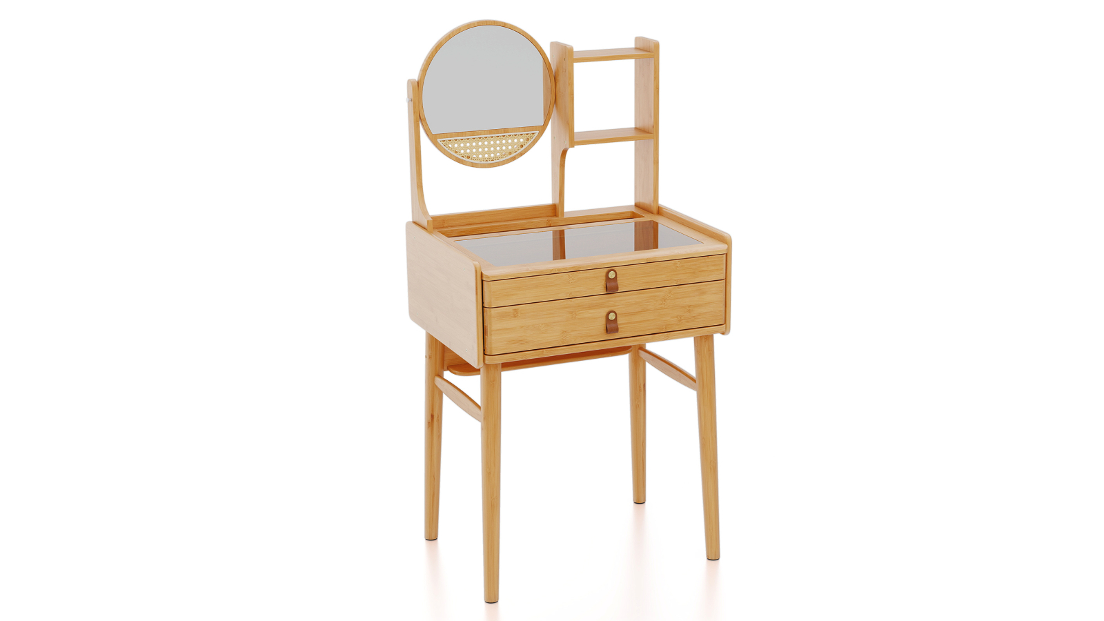 Costway Bamboo Vanity Desk with Storage Shelves and Glass Top