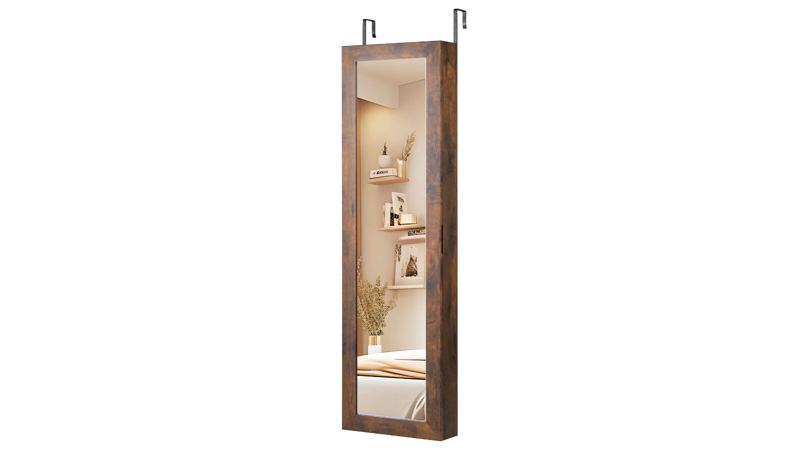 Costway Rustic Brown Wall Jewelry Cabinet with Full Length Mirror and LED Lights