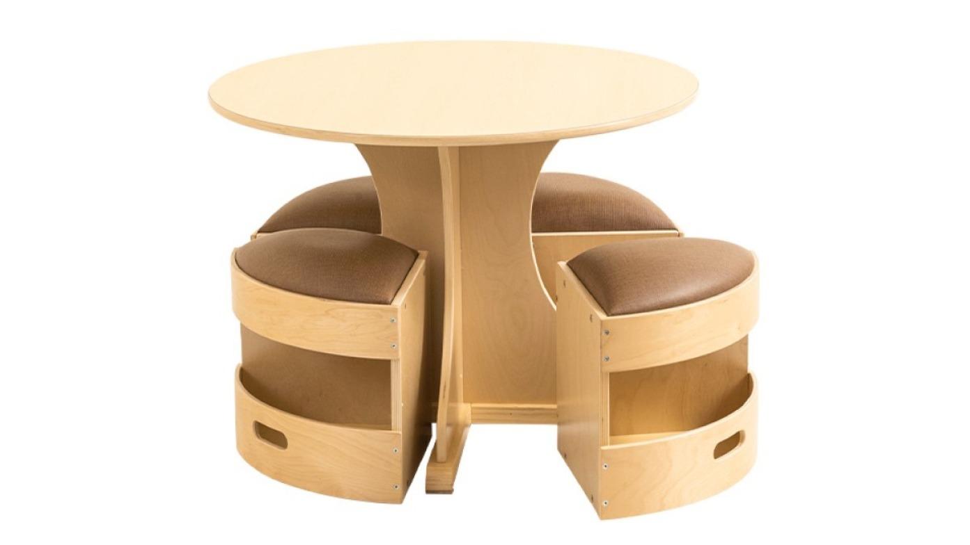 Jooyes Set of 5 Kids Round Wooden Table with Storage Stool - Brown