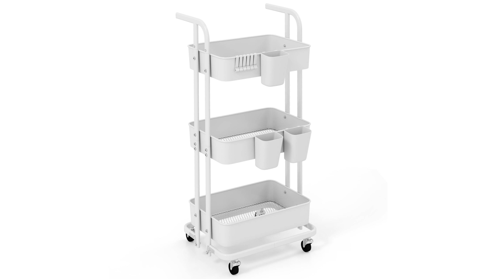 Costway 3-Tier Folding Rolling Utility Cart with Hanging Cups and Hooks