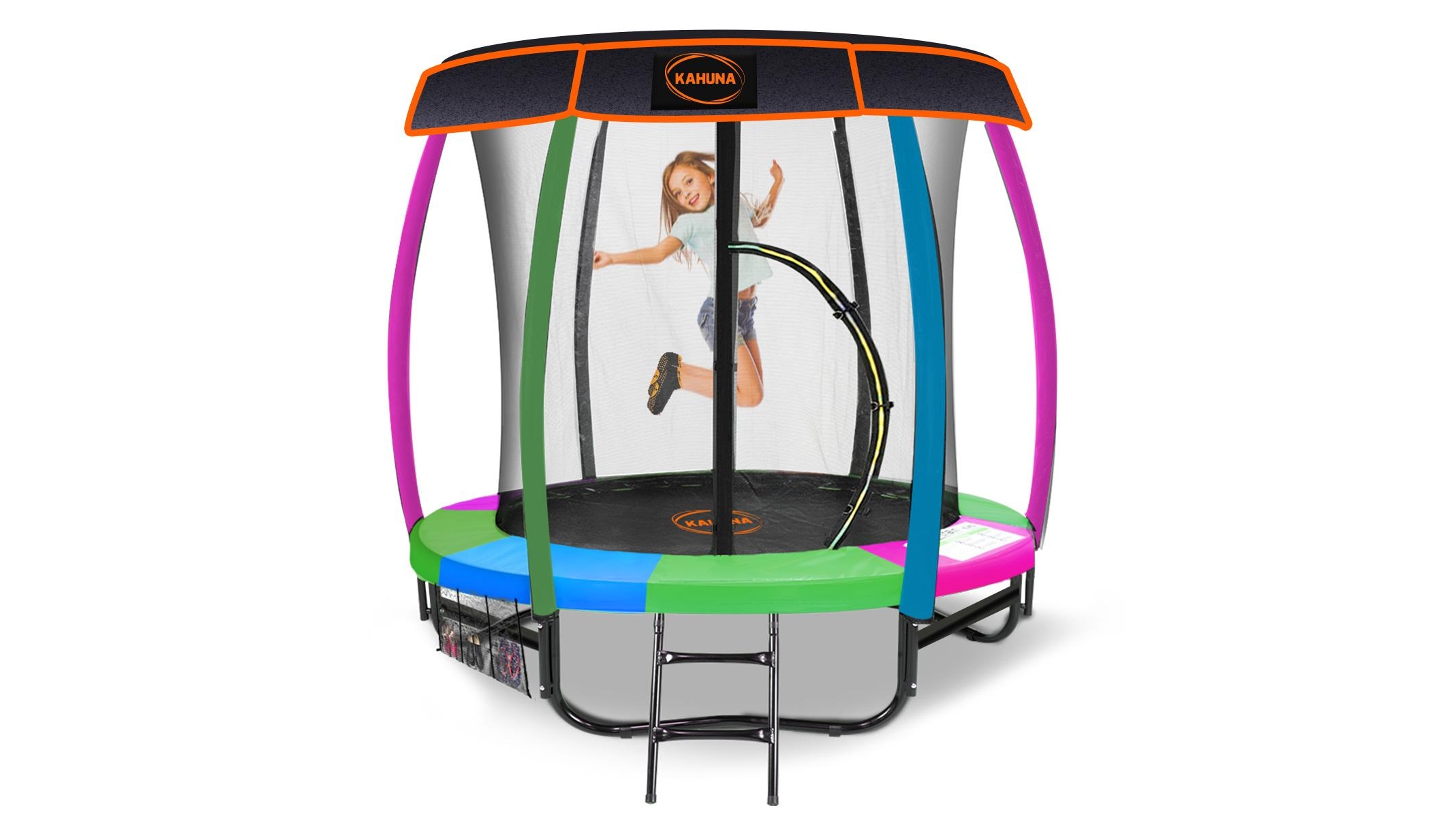 Kahuna 6-ft Trampoline with Roof and Basketball Set - Rainbow