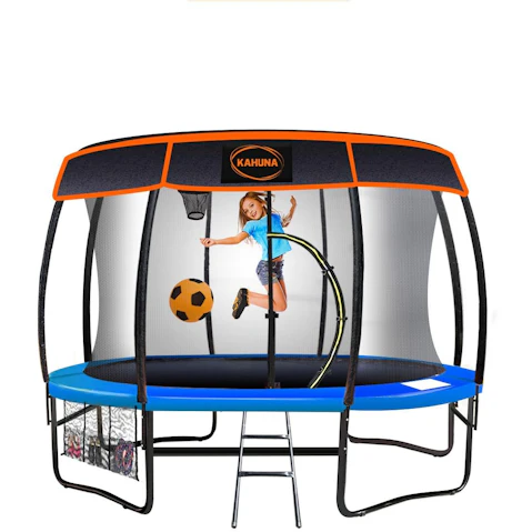 Kahuna 10-ft Trampoline with Roof and Basketball Set - Reversible Orange/Blue