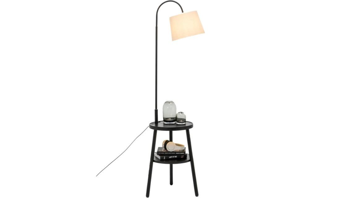 New Oriental Kamala Rubberwood 2 Round Shelve Linen Shade Floor Lamp - White/Black