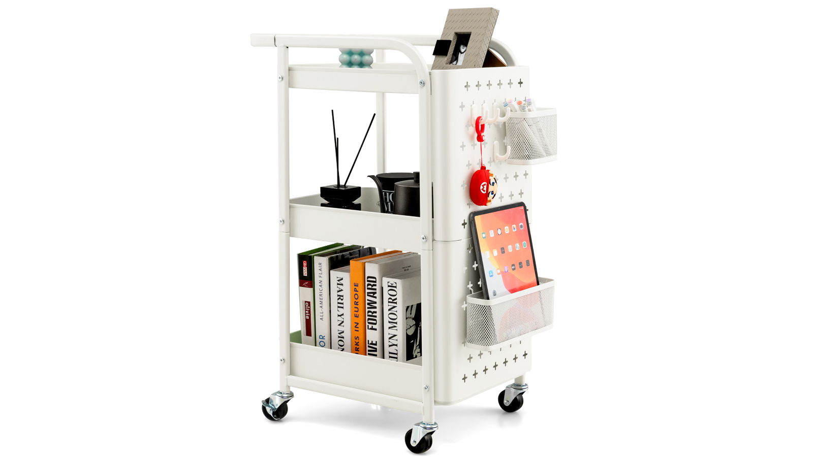 Costway 3-Tier Storage Cart Utility Trolley with Pegboards - White