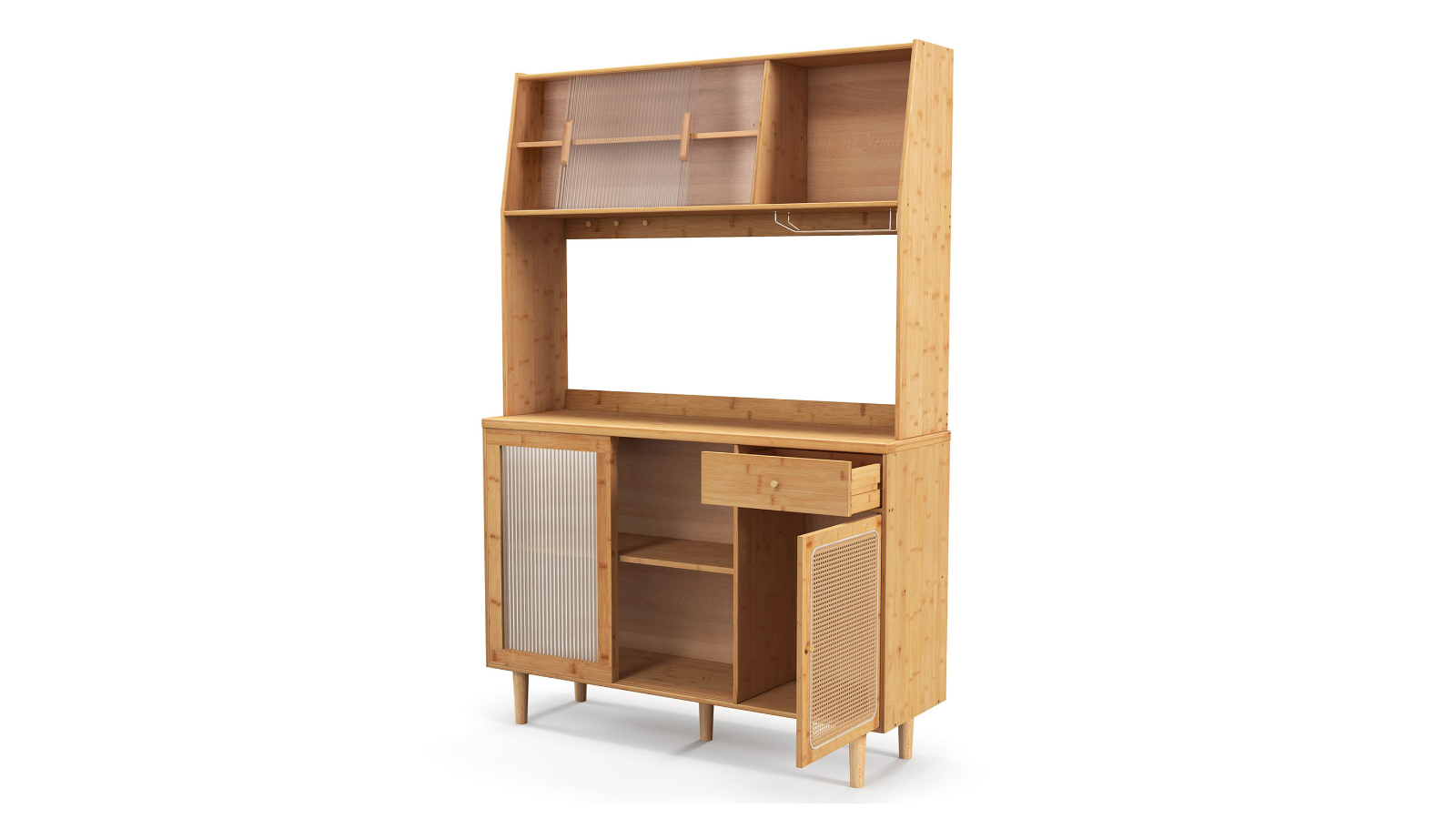 Costway Kitchen Rattan Bamboo Sideboard Cabinet with Tempered Glass Door - Natural