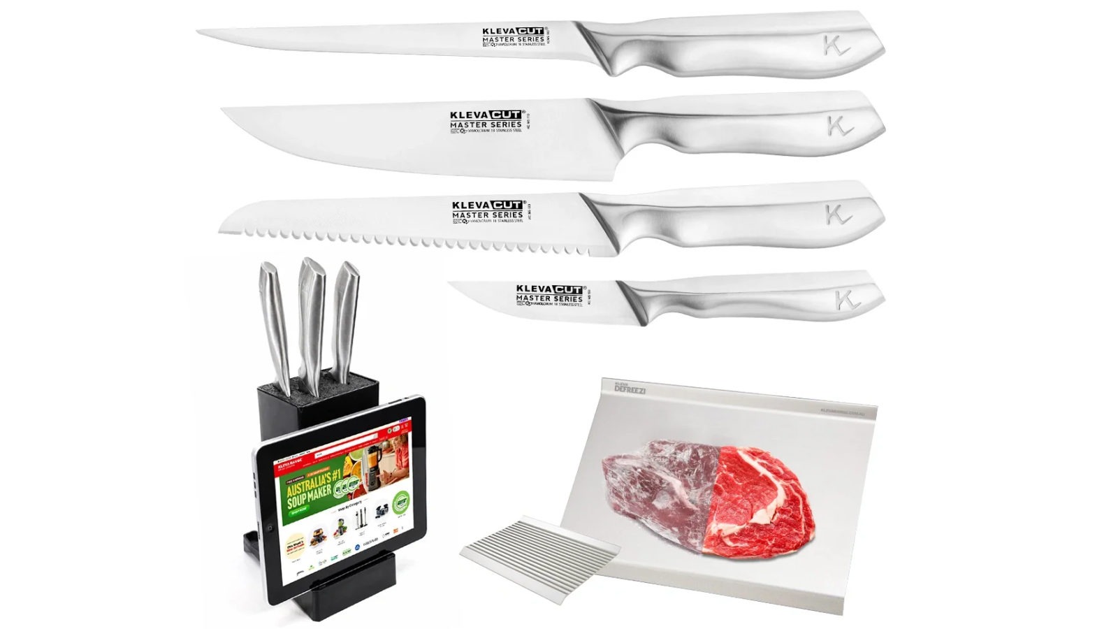 Kleva Cut Master Series TV Exclusive 3 Piece Knife Set plus Free Fillet Knife, Storage Block and Defrosting Tray