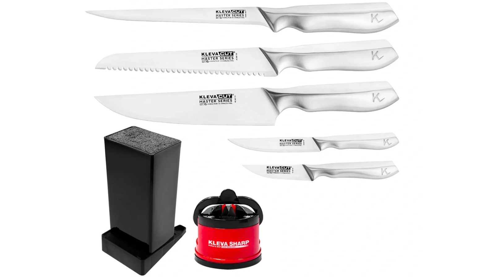 Kleva Cut Master Series Grand Chef 5 Piece Knife Set with Universal Block and Original Sharpener