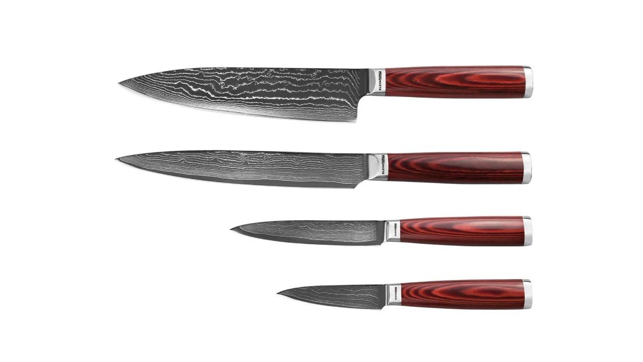 Kleva 4 Piece Damascus Steel Chef Knife Set in Bamboo Case