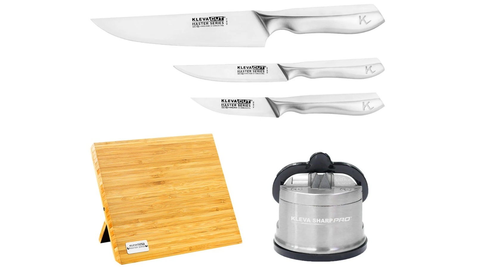 Kleva Cut Master Series Bamboo Edition 3 Piece Knife Set with Block and Sharpener Pro