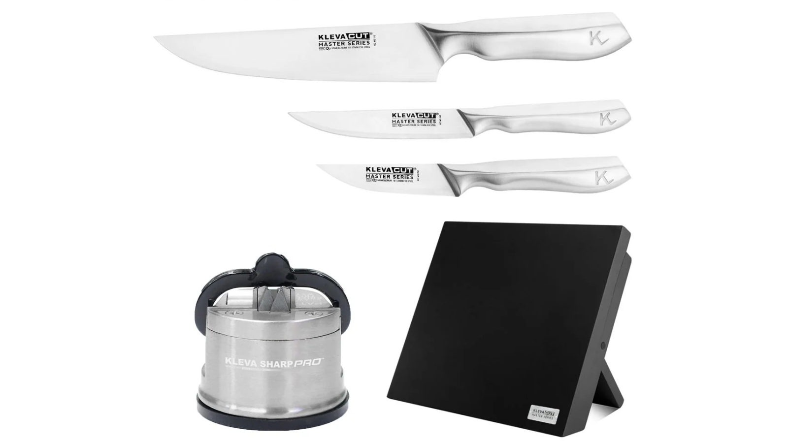 Kleva Cut Master Series Midnight Edition 3 Piece Knife Set with Block and Sharpener Pro