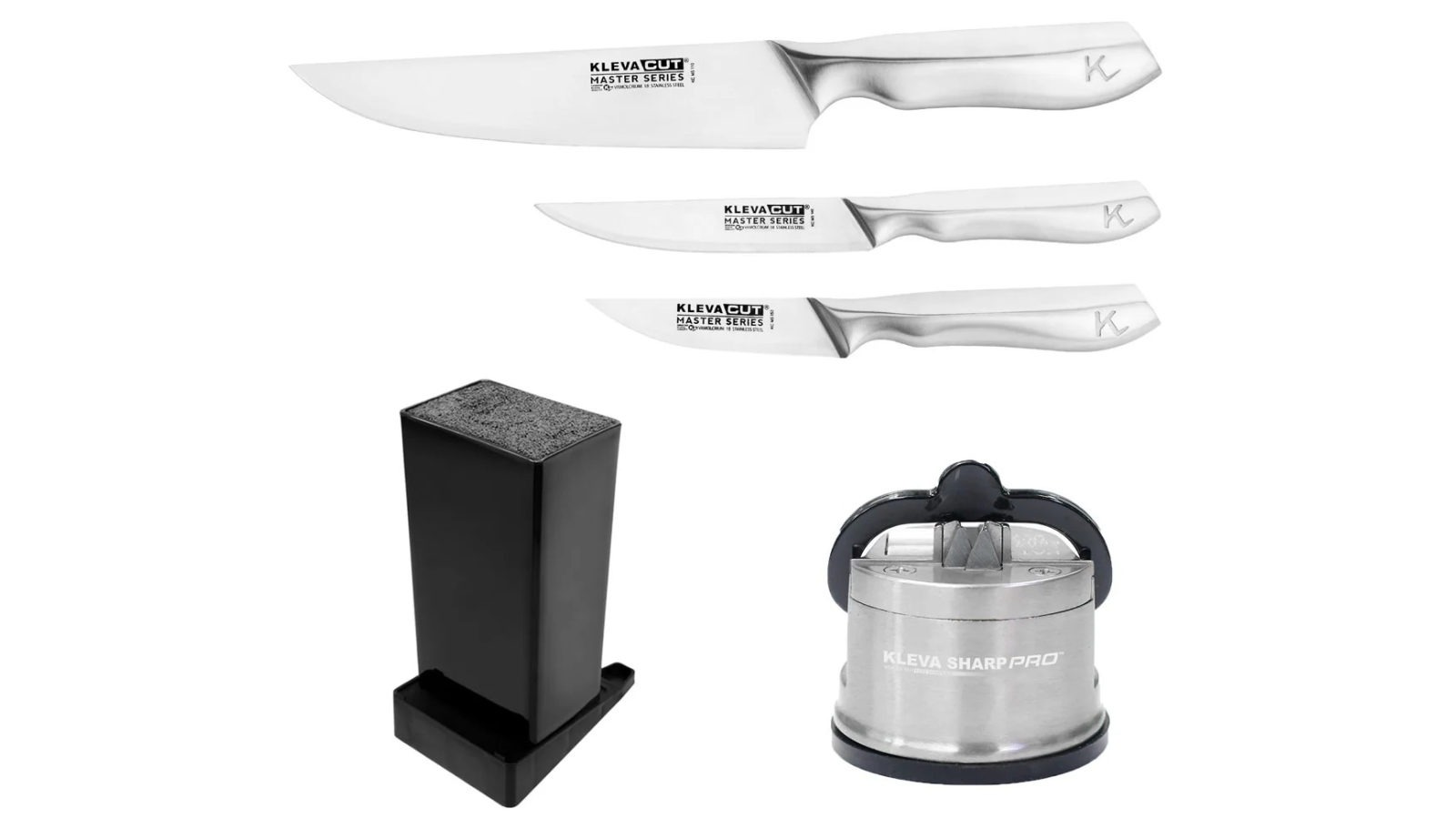 Kleva Cut Master Series Complete Essentials 3 Piece Knife Set with Universal Block and Sharpener Pro