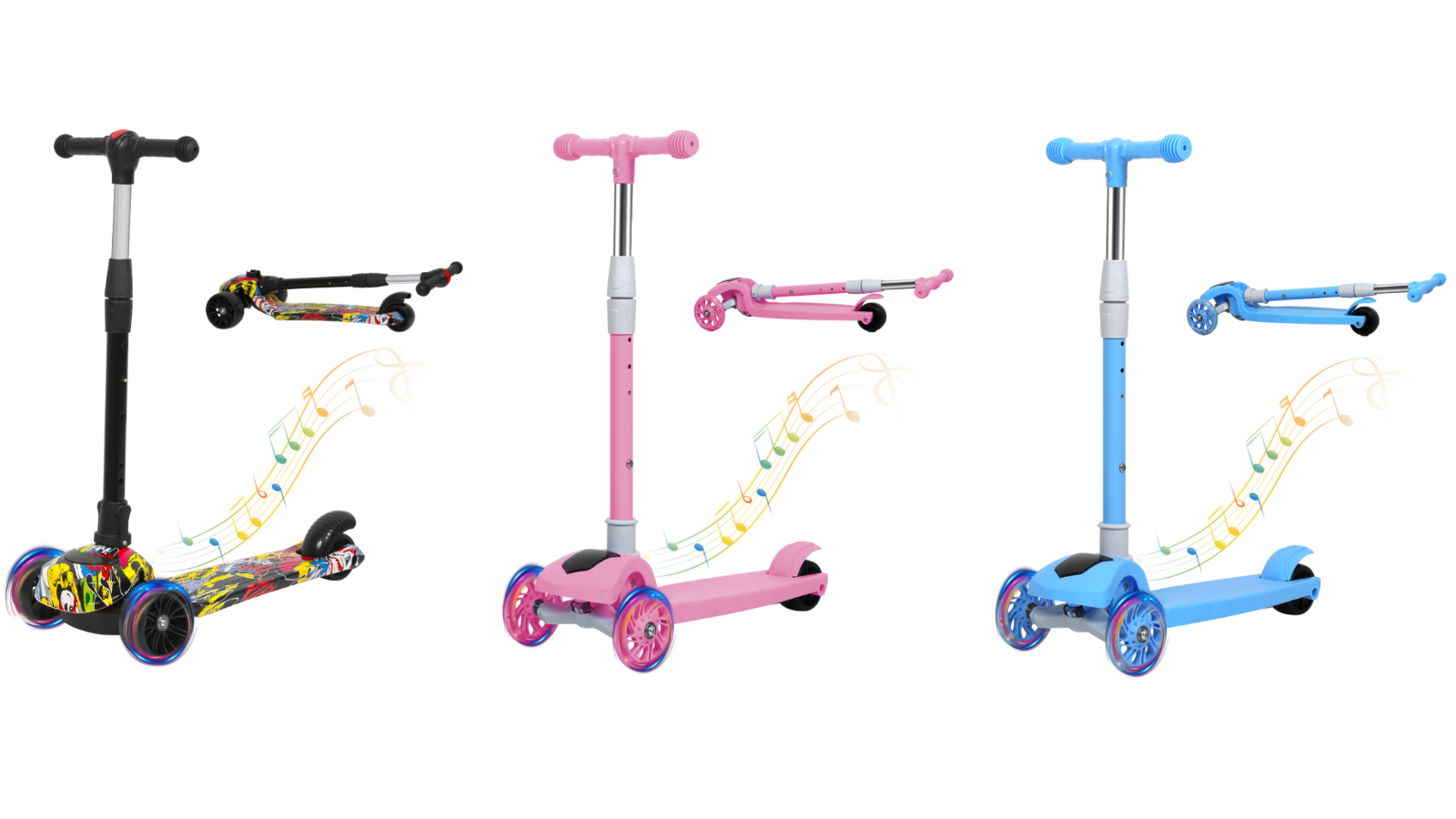 BoPeep 3-Wheel Adjustable Height Flashing LED Music Foldable Kids Scooter