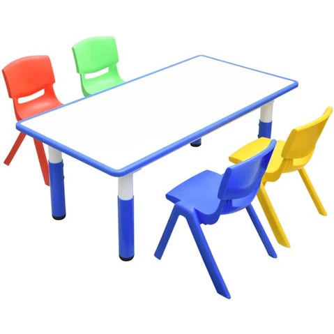 HelloDeal 120 x 60cm Kids Whiteboard Drawing Activity Table and 4 Mixed Chair Set - Blue