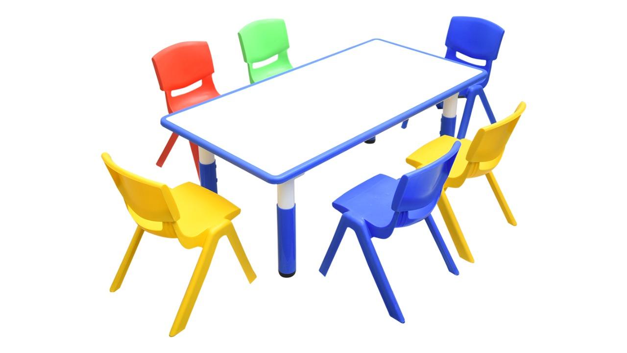 HelloDeal 120 x 60cm Kids Whiteboard Drawing Activity Table and 6 Mixed Chair Set - Blue