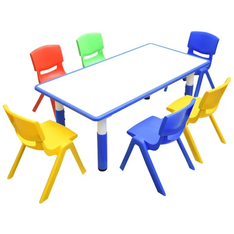HelloDeal 120 x 60cm Kids Whiteboard Drawing Activity Table and 6 Mixed Chair Set - Blue
