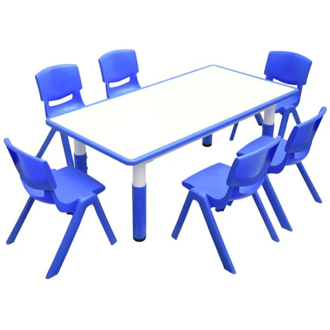 HelloDeal 120 x 60cm Kids Whiteboard Drawing Activity Table and 6 Chair Set - Blue