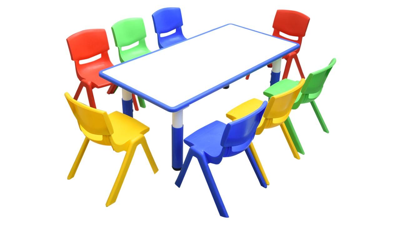 HelloDeal 120 x 60cm Kids Whiteboard Drawing Activity Table and 8 Mixed Chair Set - Blue