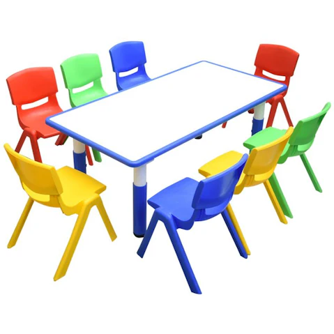 HelloDeal 120 x 60cm Kids Whiteboard Drawing Activity Table and 8 Mixed Chair Set - Blue