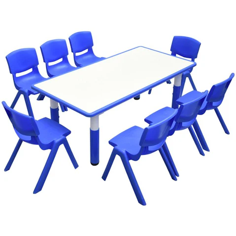 HelloDeal 120 x 60cm Kids Whiteboard Drawing Activity Table and 8 Chair Set - Blue