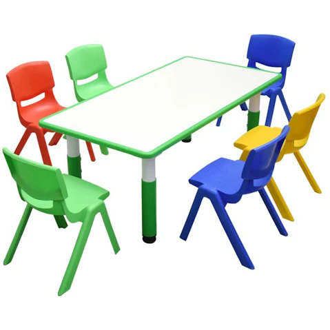 HelloDeal 120 x 60cm Kids Whiteboard Drawing Activity Table and 6 Mixed Chair Set - Green