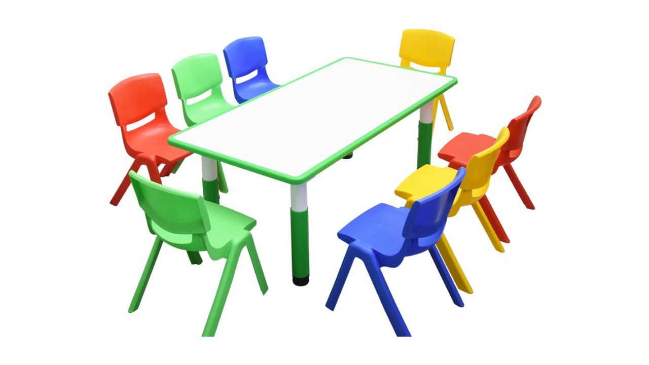 HelloDeal 120 x 60cm Kids Whiteboard Drawing Activity Table and 8 Mixed Chair Set - Green