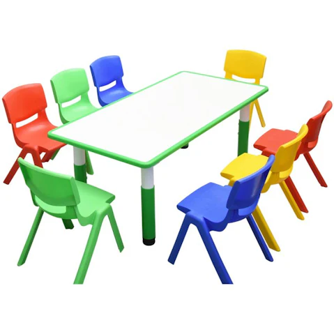 HelloDeal 120 x 60cm Kids Whiteboard Drawing Activity Table and 8 Mixed Chair Set - Green