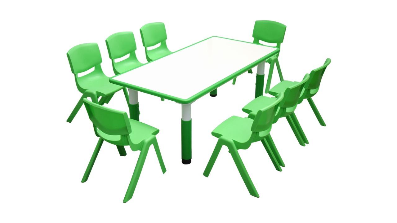 HelloDeal 120 x 60cm Kids Whiteboard Drawing Activity Table and 8 Chair Set - Green