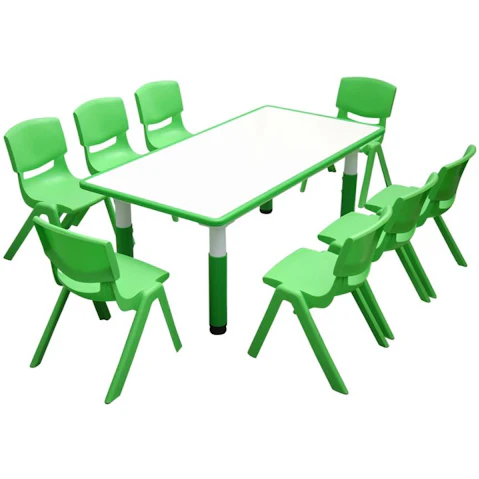 HelloDeal 120 x 60cm Kids Whiteboard Drawing Activity Table and 8 Chair Set - Green