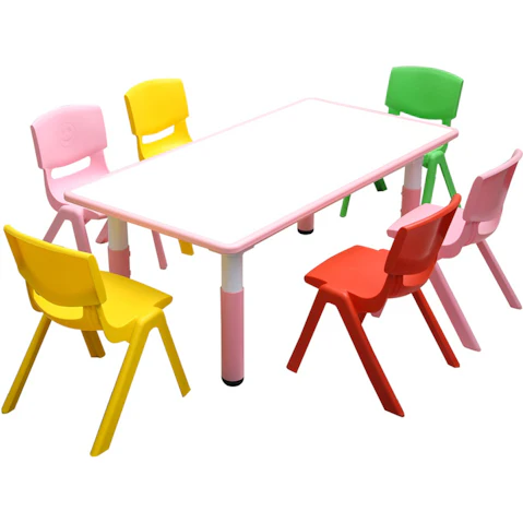 HelloDeal 120 x 60cm Kids Pink Whiteboard Drawing Activity Table and 6 Mixed Chair Set