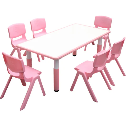 HelloDeal 120 x 60cm Kids Whiteboard Drawing Activity Table and 6 Chair Set - Pink