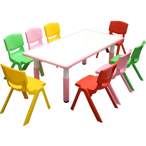 HelloDeal 120 x 60cm Kids Whiteboard Drawing Activity Table and 8 Mixed Chair Set - Pink